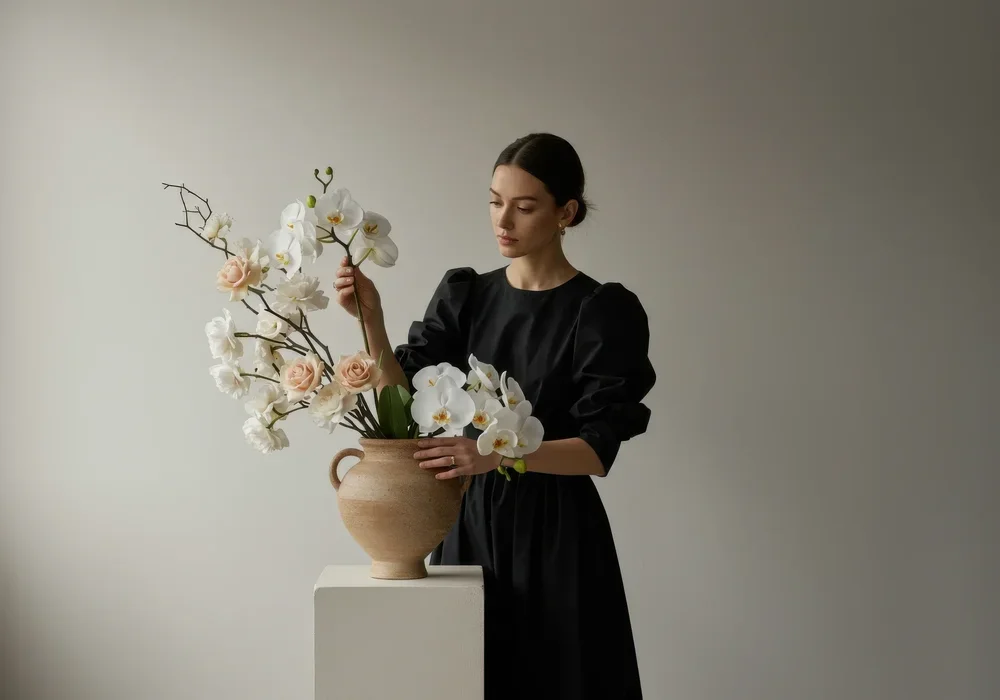 Arranging fresh flowers in a terracotta vase