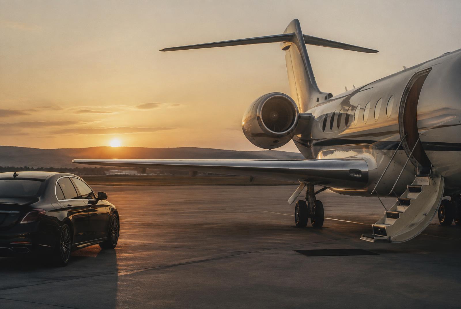 Private aircraft on the tarmac at dusk
