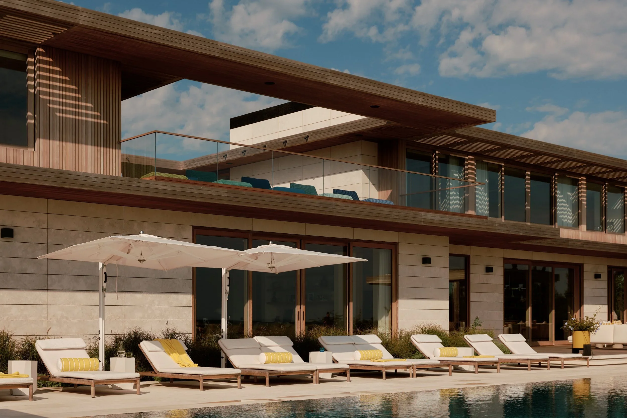 Modern estate with pool terrace and timber architecture