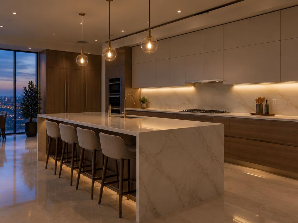 Kitchen after departure cleaning — surfaces clear, perishables handled