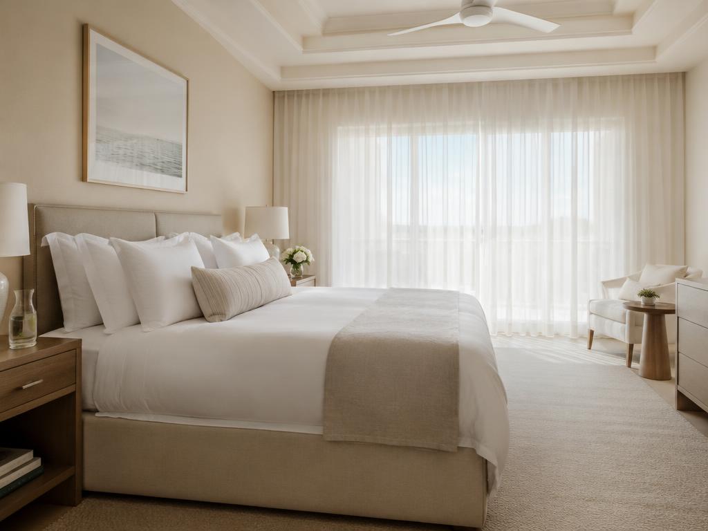 Principal bedroom prepared — linens, pillows and shades set to preference