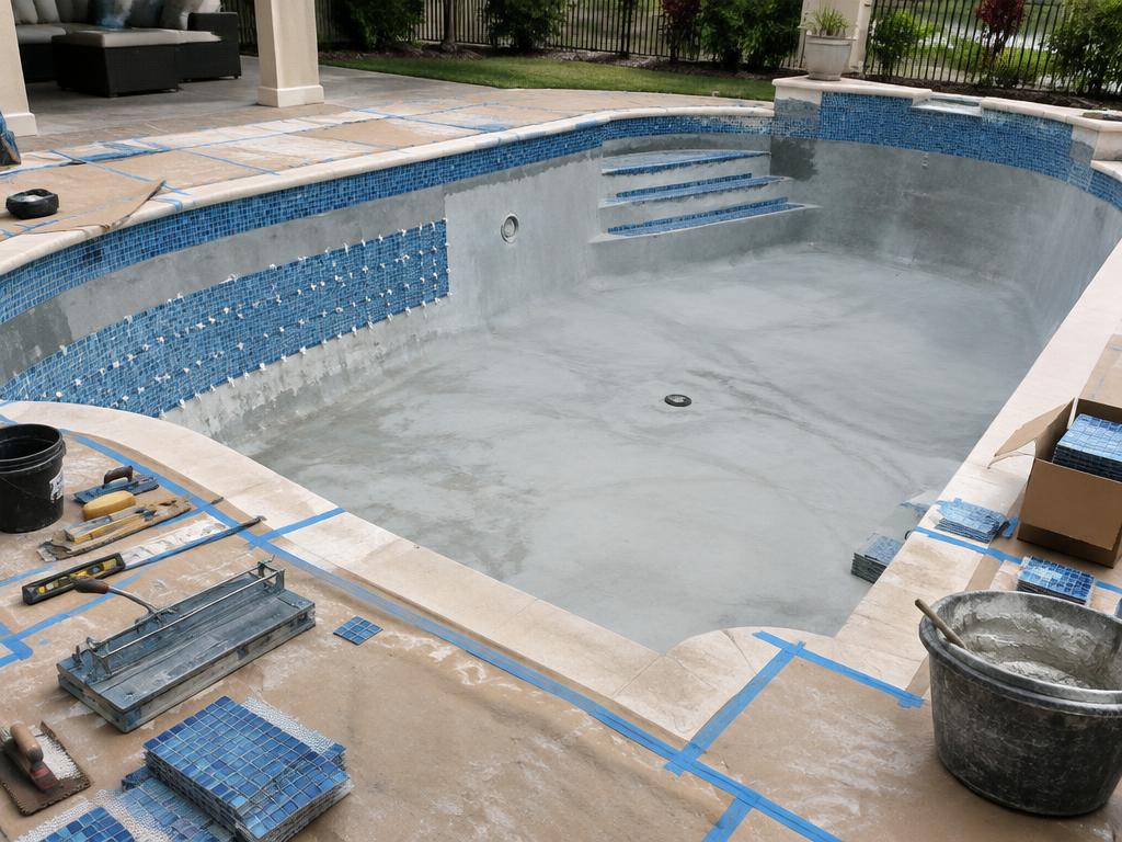 Pool interior — waterline tile installation in progress